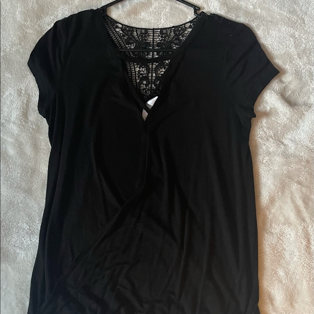 Black wrap shirt with v neck and partial lace back